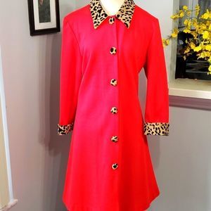 RED KNIT DRESS WITH LEPART TRIM, Vintage coat dress is fabulous. By, Calendar. L
